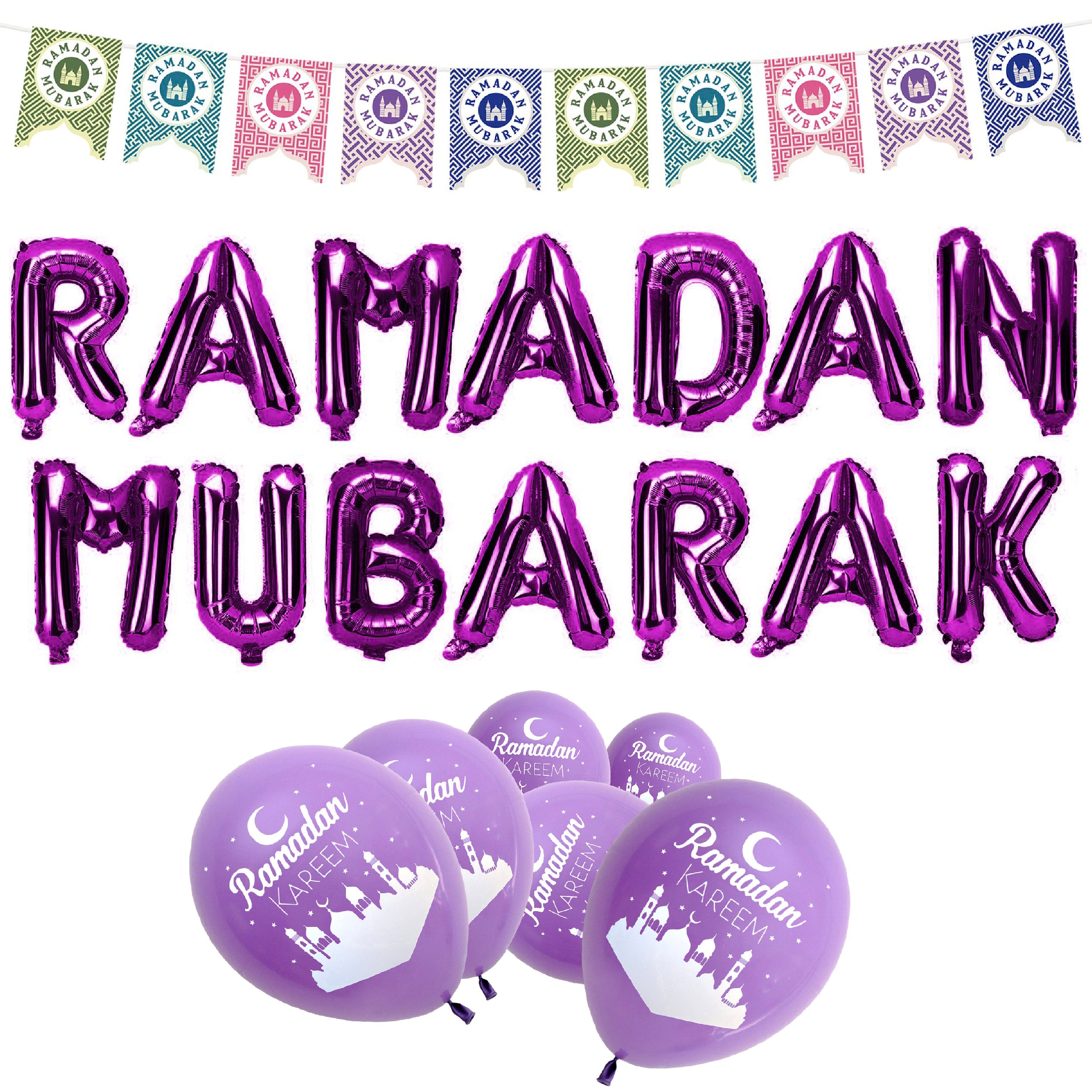 Purple Multicolour Ramadan Mubarak Bunting Balloon Set 19 21