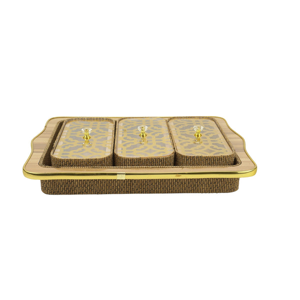 Multi-Tier Woven Serving Tray Set with Transparent Covers and Golden Accents (0816-55)