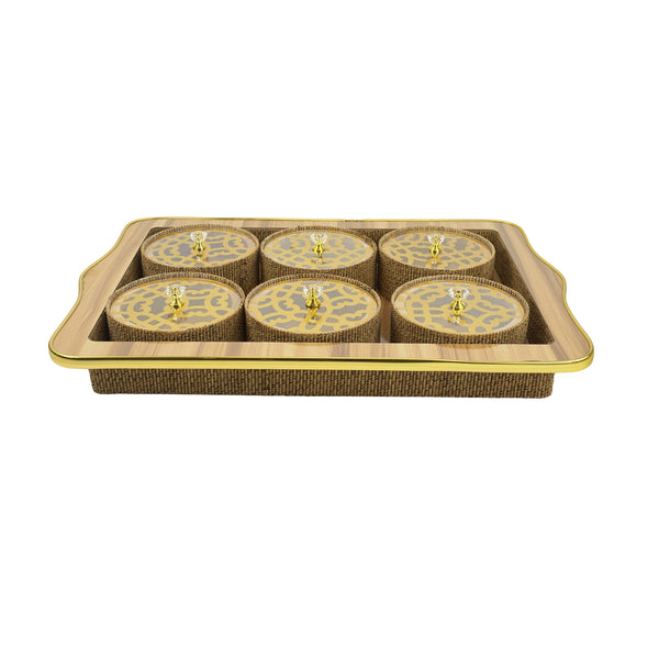 Elegant Woven 6 Jar Set with Gold Accents and Crystal Knob Lids on a Wooden Tray (0816-57)