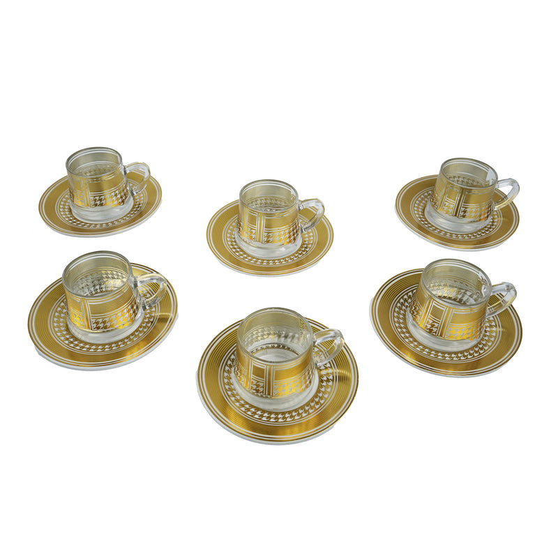 Set of 6 Glass & Ceramic Zam Zam Cups & Saucers - Gold Houndstooth Pattern ( RS-Y627)