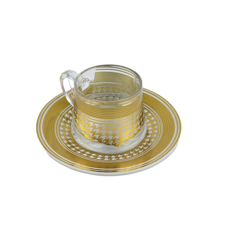 Set of 6 Glass & Ceramic Zam Zam Cups & Saucers - Gold Houndstooth Pattern ( RS-Y627)