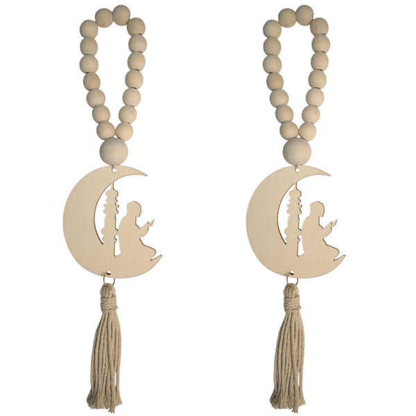 Pack of 2 Wooden Beaded Hanging with Crescent Moon and Praying Man