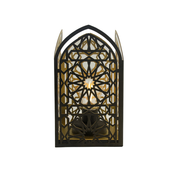 Black and Gold Arche LED Lantern with Intricate Geometric Cutout Design (16238)