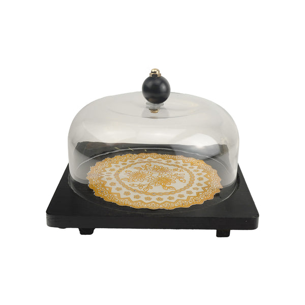 Black Wooden Tray with Glass Dome (7712-7)