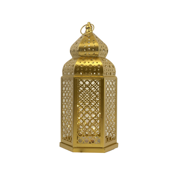 Brushed Gold Moroccan-Style Hexagonal LED Light Metal Lantern with Intricate Cutouts (24205-3)