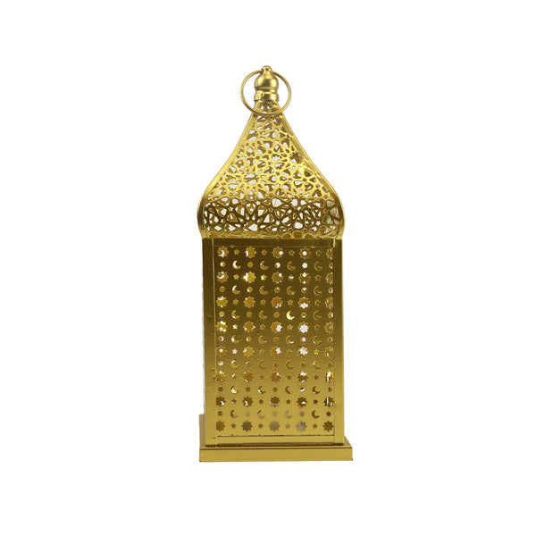 Gold Geometric Metal LED Lantern with Intricate Moon & Star Cutouts (24202-3)