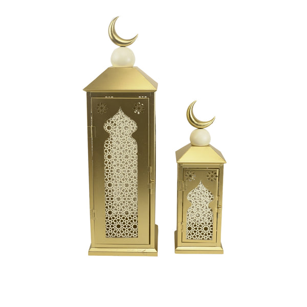 Set of 2 Gold Lanterns with Crescent Moon and Intricate White Geometric Design (24722-1)