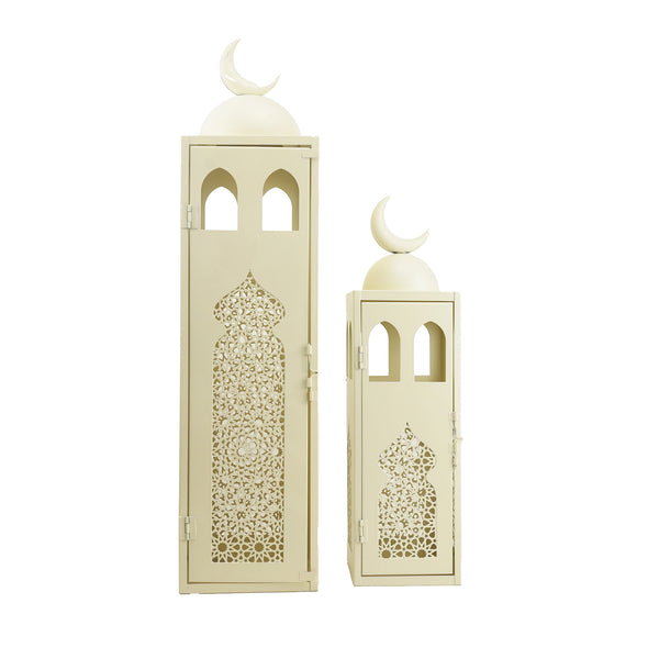 Set of 2 Large Ivory  Lantern with Crescent Moon and Intricate Cutout Design (24764-1)