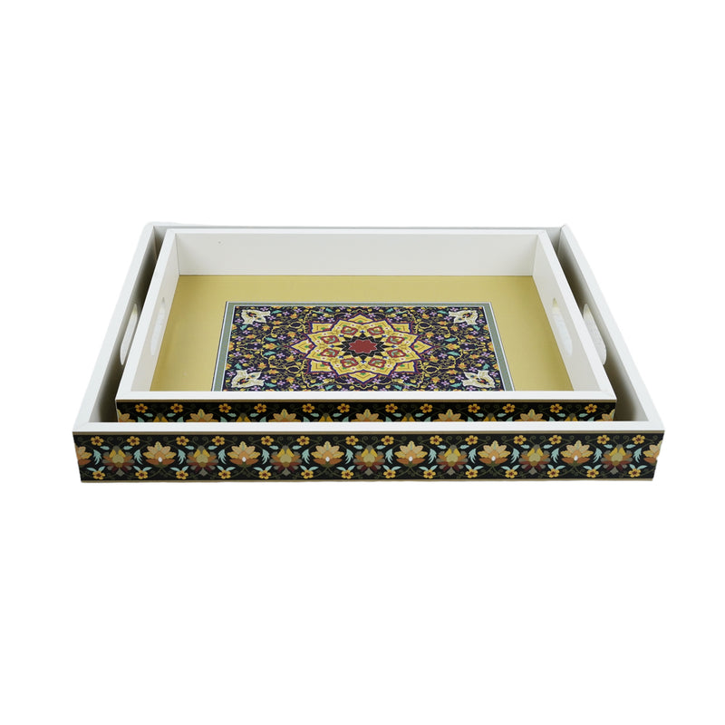 Set of 2 Colourful Floral Inlay Wooden Tray (2111-1AB)