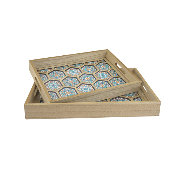 Set of 2 Hexagonal Patterned Wooden Serving Trays (SYM-08)