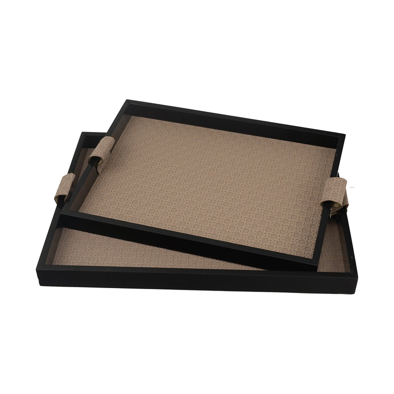 Set of 2 Black Tray Set with Beige Pattern and Faux Leather Handles (JZ2410)