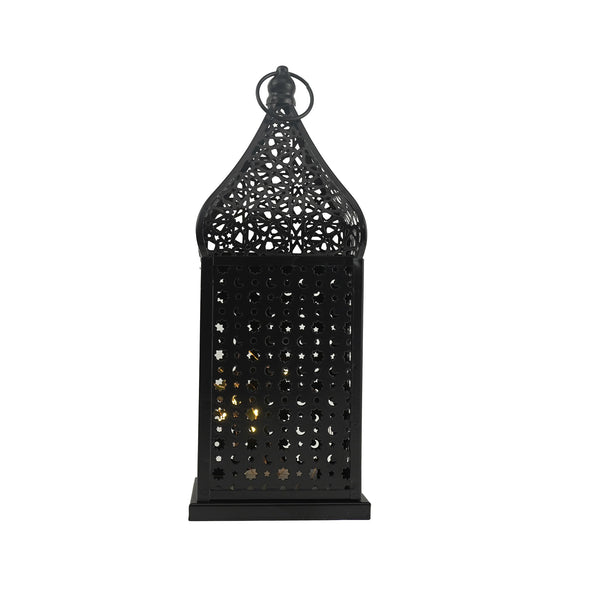 Black Geometric Metal LED Lantern with Intricate Moon & Star Cutouts (24202-1)