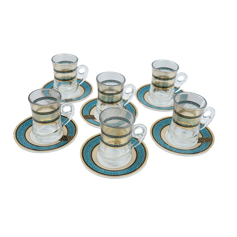 Set of 6 Turkish Zam Zam Glass Cups & Saucers - Teal and Gold (RS-Q20)