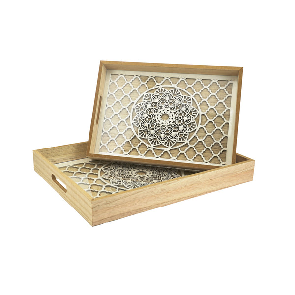 Set of 2 Natural Wooden Serving Trays with Intricate White Design (113-40)