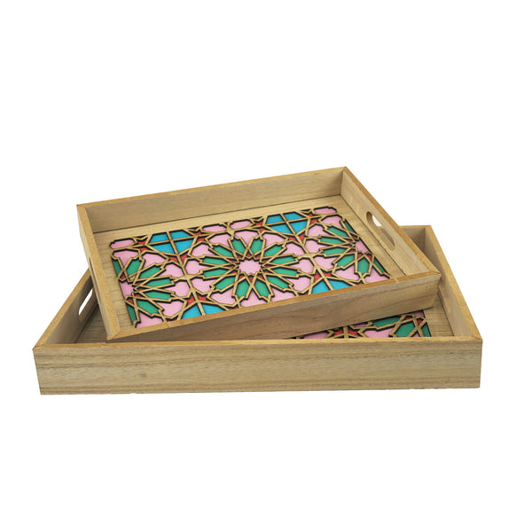 Set of 2 Wooden Serving Trays with Multicolored Islamic Geometric Design (1904-5AB)