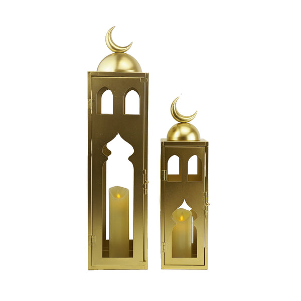 Set of 2 Gold Large Lanterns with Crescent Moon and Masjid Arch Design (24768-3)