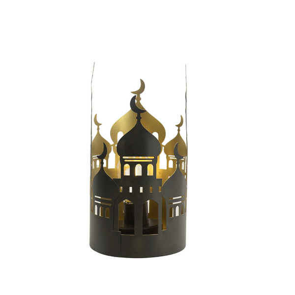 Matte Black and Gold Round Mosque Metal Lantern Table Centrepiece with LED (24573)