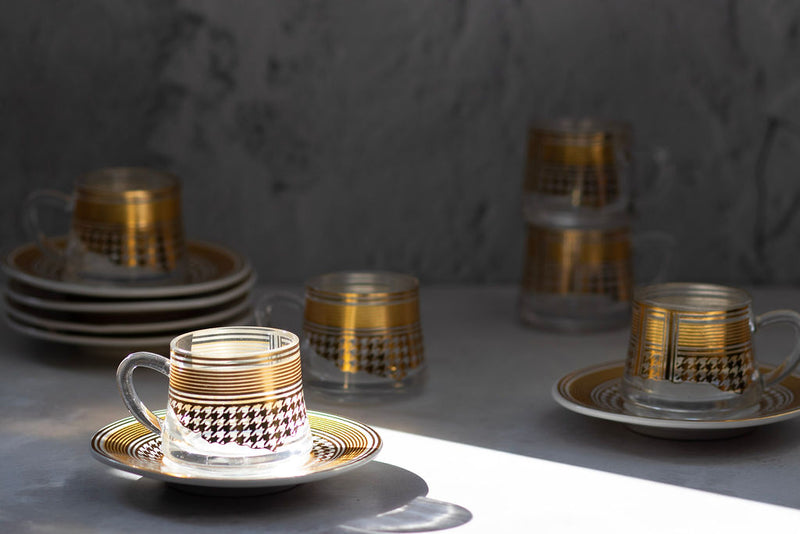 Set of 6 Glass & Ceramic Zam Zam Cups & Saucers - Gold Houndstooth Pattern ( RS-Y627)