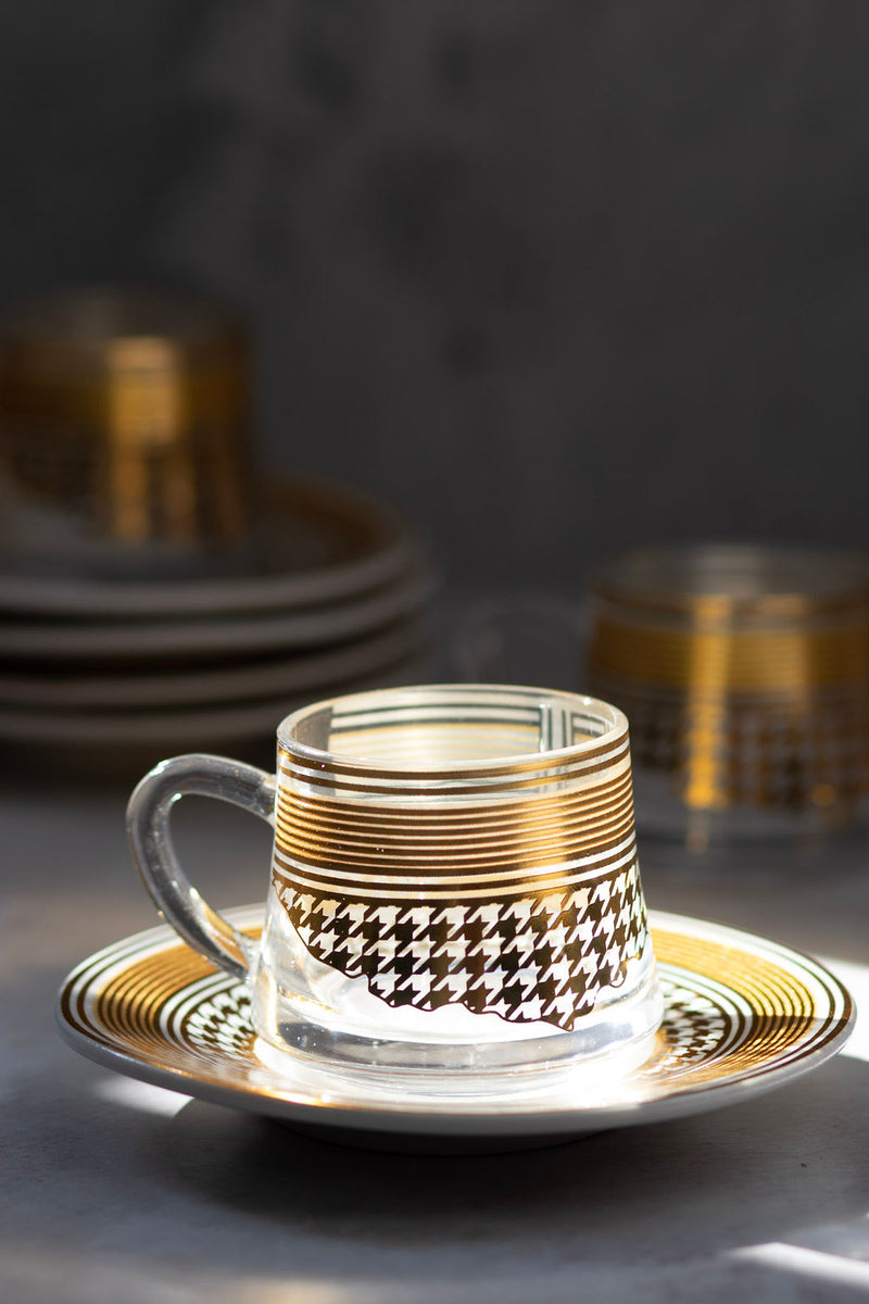 Set of 6 Glass & Ceramic Zam Zam Cups & Saucers - Gold Houndstooth Pattern ( RS-Y627)