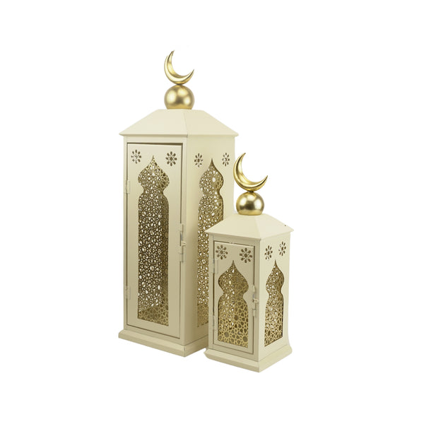 Set of 2 Cream Lanterns with Crescent Moon and Intricate Gold Geometric Design (24721-2)