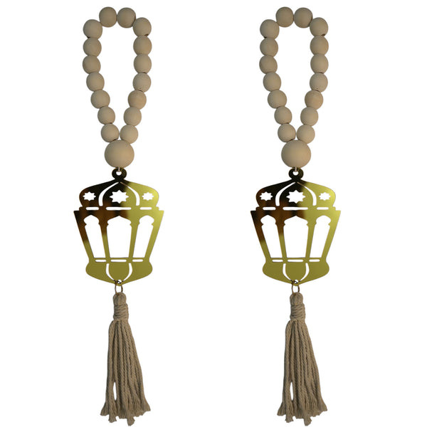 Pack of 2 Natural Wooden Hanging Beads with Tassel with Gold Lantern Accent