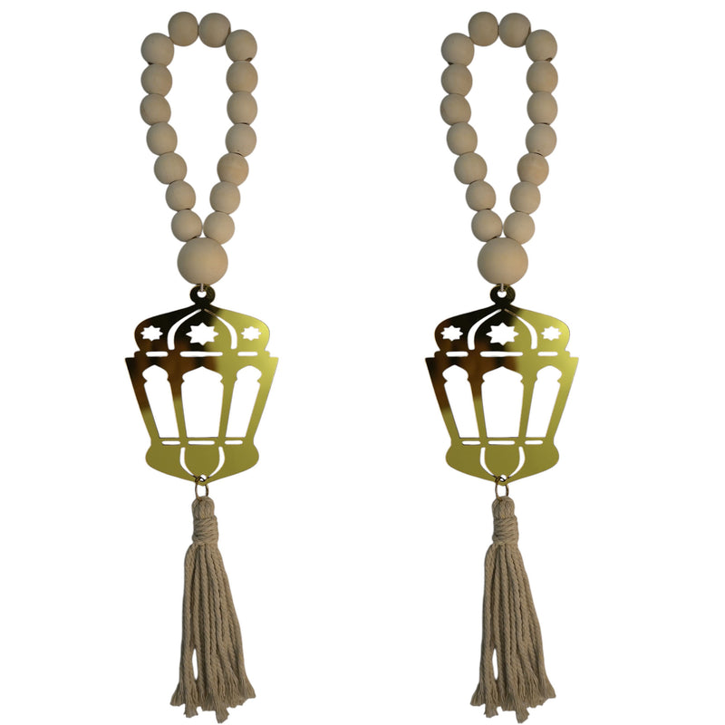 Pack of 2 Natural Wooden Hanging Beads with Tassel with Gold Lantern Accent