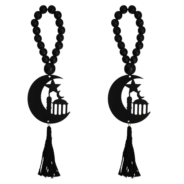 Pack of 2 Black Bead Crescent Moon with Mosque Design Wooden Hanging