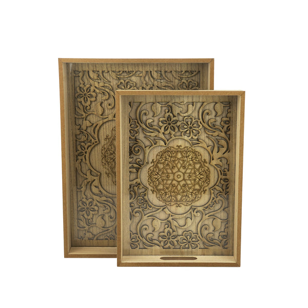 Set of 2 Inlay Carved Wooden Serving Trays Laser-Cut Design (857-2)