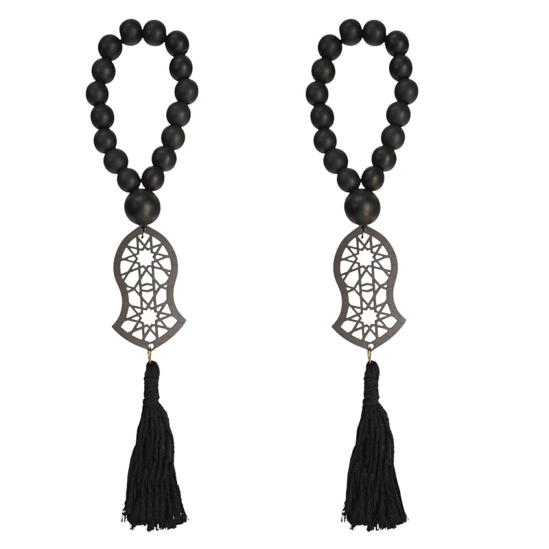 Pack of 2 Black Beaded Wooden Hanging with Ornamental Pendant and Tassel