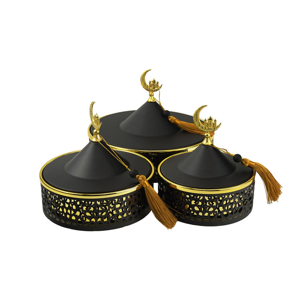 Set of 3 Black and Gold Moroccan-Style Bowls with Crescent Topper and Tassels (24611-5)