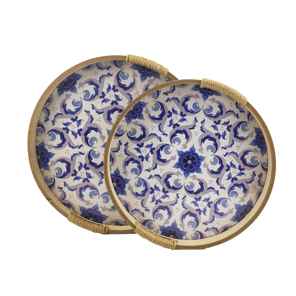 Set of 2  Round Wooden Serving Tray with Blue Floral Design (857-5)