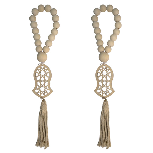 Pack of 2 Natural Wooden Beaded Hanging Tassel with Intricate Ornament Design