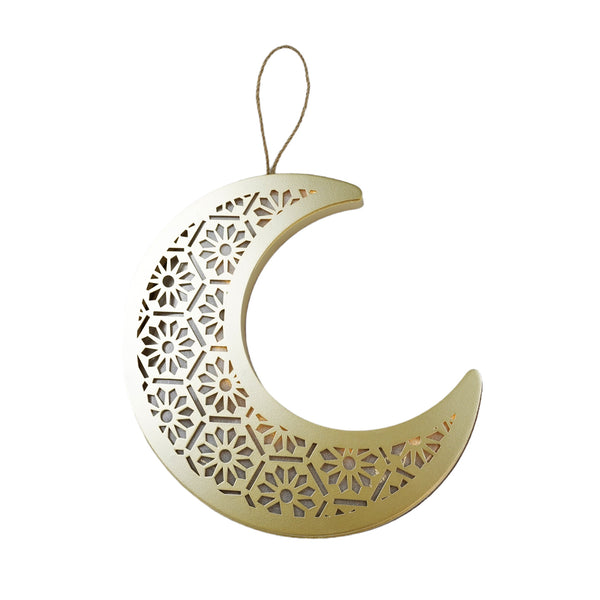 Geometric XL Gold Wooden Hanging LED Light Crescent Moon