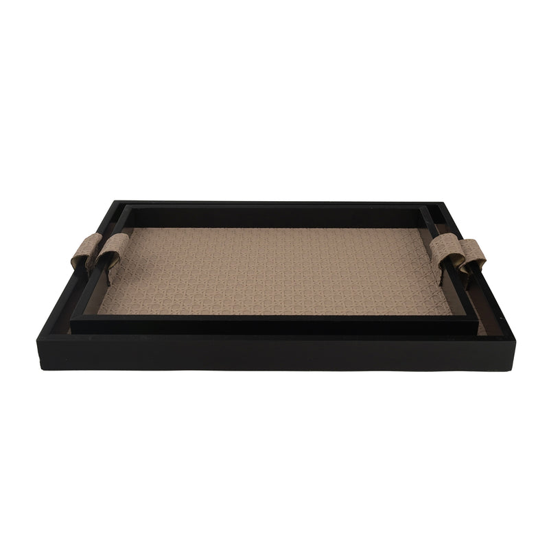 Set of 2 Black Tray Set with Beige Pattern and Faux Leather Handles (JZ2410)