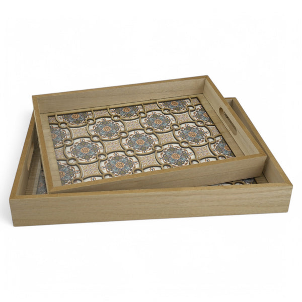 Set of 2 Decorative Wooden Serving Tray Set with Inlay Mosaic Design (857-4)