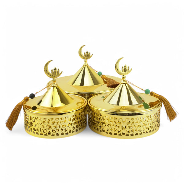 Set of 3 Gold Moroccan-Style Bowls with Crescent Topper and Tassels (24611-4)