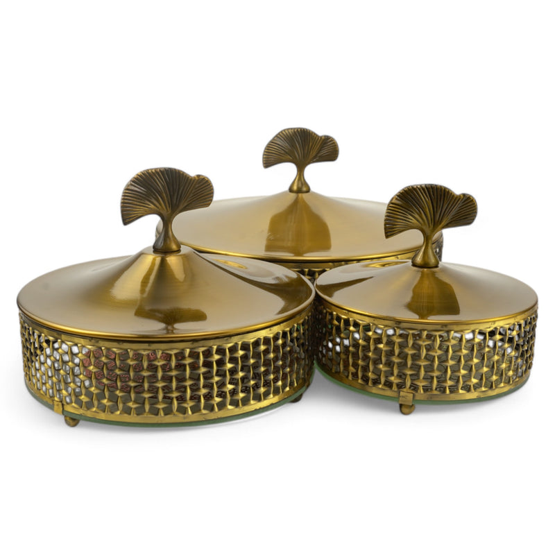 Decorative Brass Serving Bowls with Leaf Design Lid (7712-3)