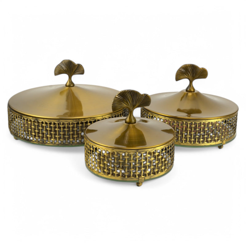 Decorative Brass Serving Bowls with Leaf Design Lid (7712-3)