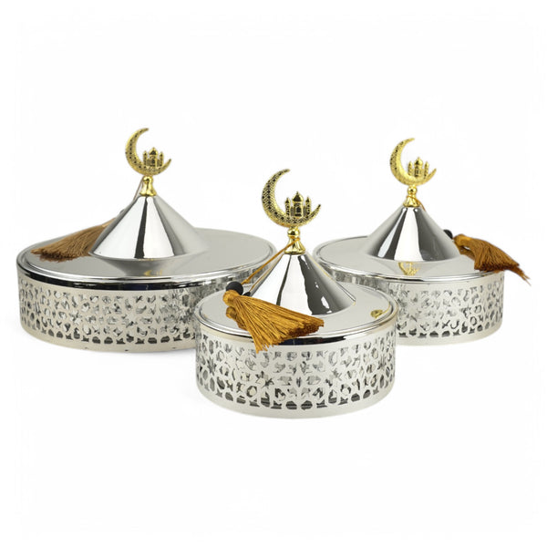 Set of 3 Silver Moroccan-Style Bowls with Crescent Topper and Tassels (24611-7)