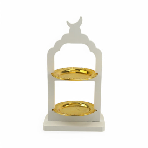 White Two-Tiered Crescent Moon Serving Stand with Gold Trays (2408235-1)