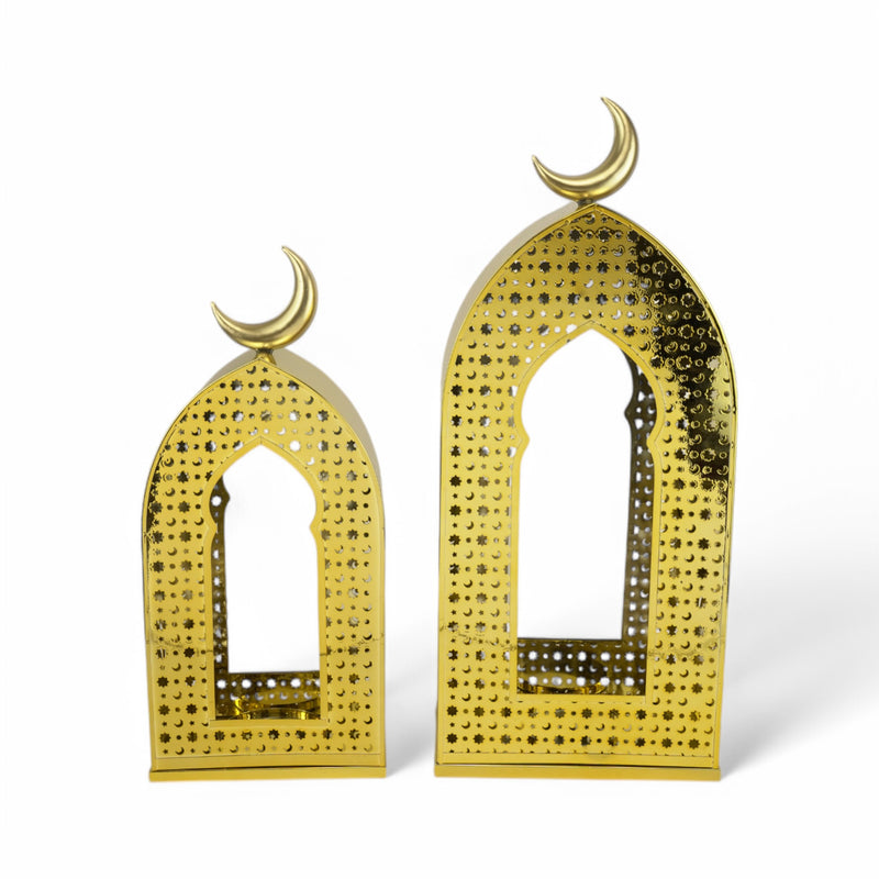 Set of 2 Gold Arched Decorative Lanterns with Crescent Moon (247034-4)