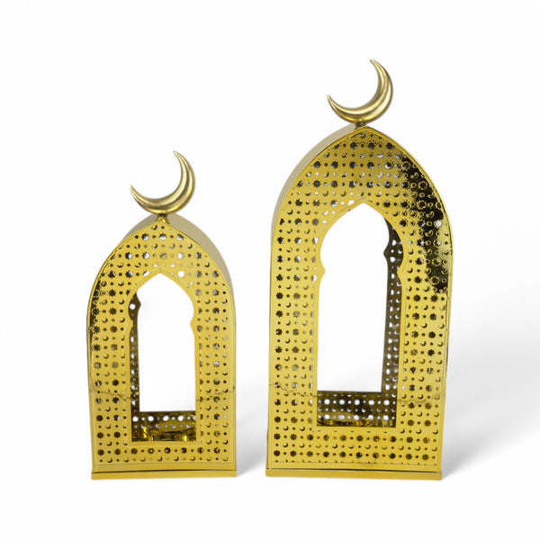 Set of 2 Gold Arched Decorative Lanterns with Crescent Moon (247034-4)