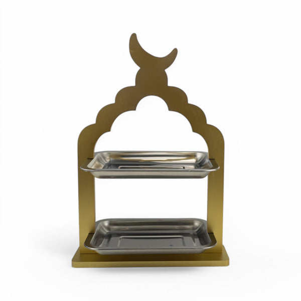 Gold Two-Tier Crescent Stand with Stainless Steel Trays (2408249)