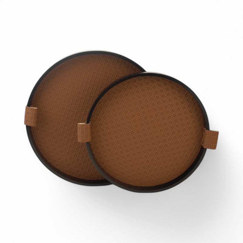 Set of 2 Brown Faux Leather Round Serving Tray with Black Rim and Side Handles (JZ2406)