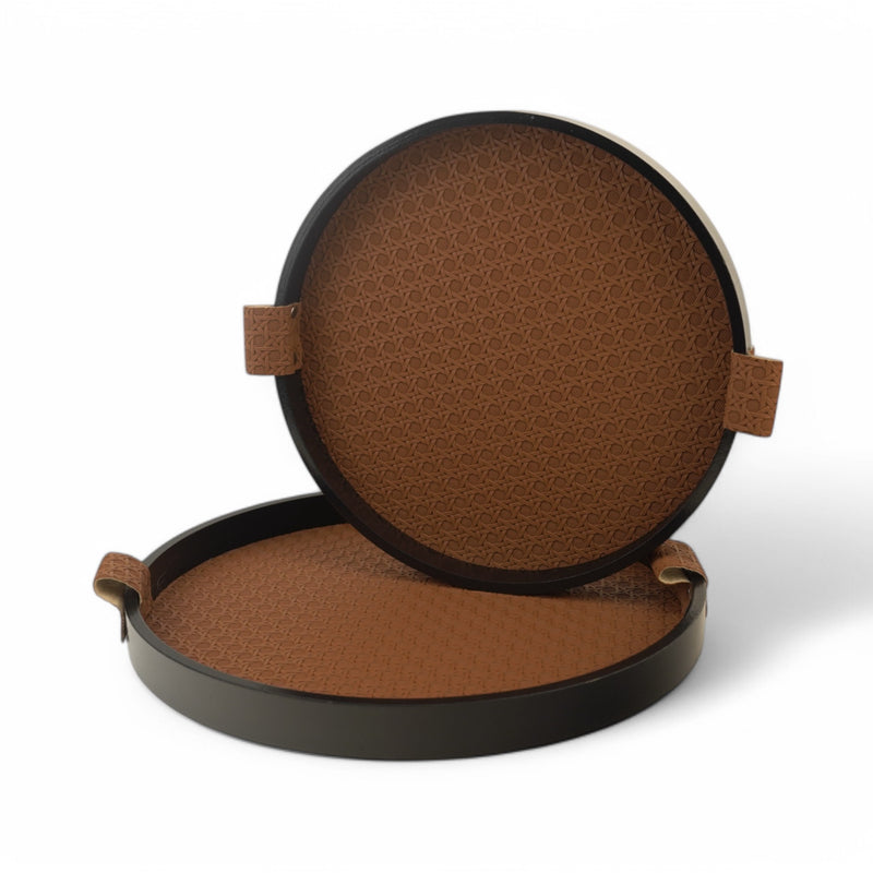 Set of 2 Brown Faux Leather Round Serving Tray with Black Rim and Side Handles (JZ2406)