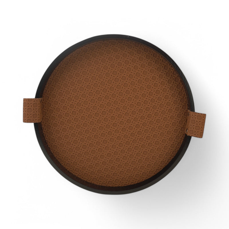 Set of 2 Brown Faux Leather Round Serving Tray with Black Rim and Side Handles (JZ2406)