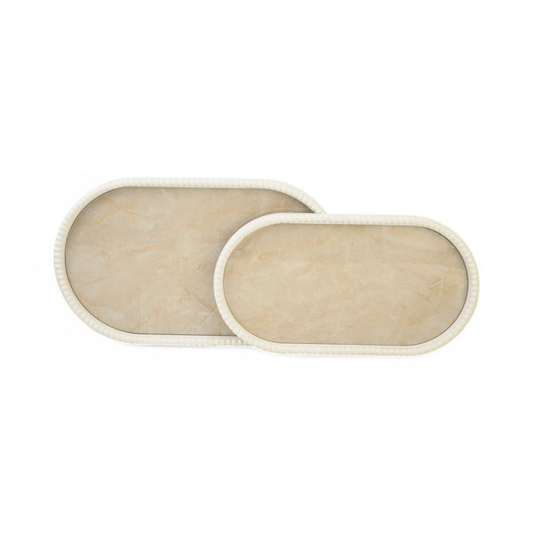 Set of 2 White Oval Serving Trays with Marble-Effect Design (2408196)