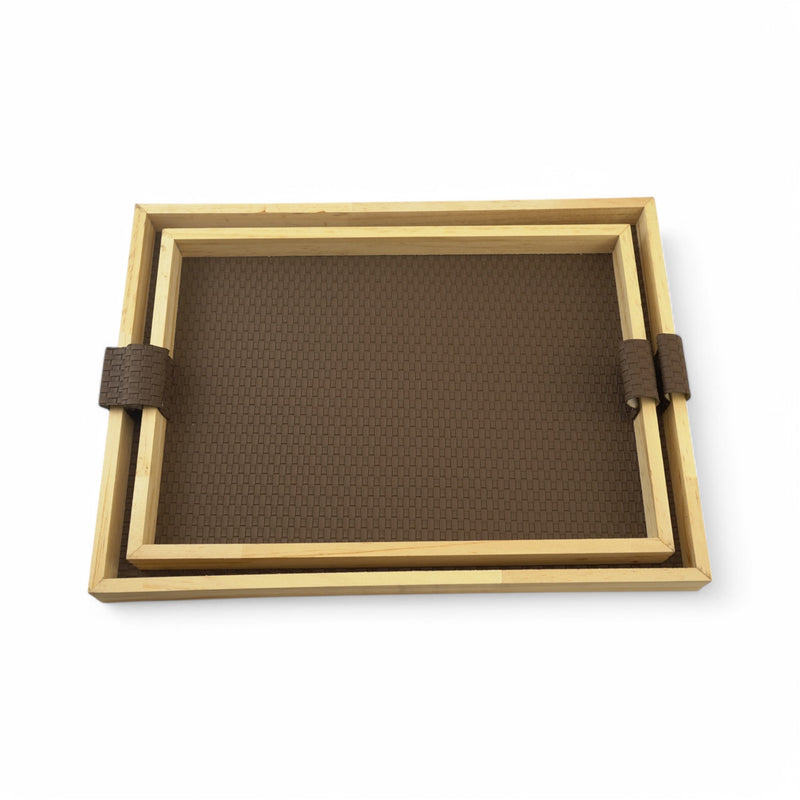 Set of 2 Natural Wood Rectangular Serving Trays with Faux Leather Base & Handles(JZ2405)