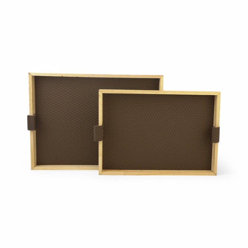 Set of 2 Natural Wood Rectangular Serving Trays with Faux Leather Base & Handles(JZ2405)