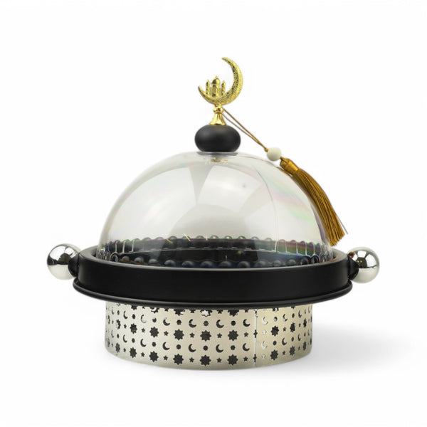 Black Round Serving Tray With Lid & Silver Base for Ramadan & Eid (24816-2)